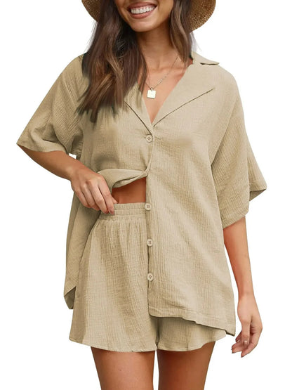 2 Piece Lounge Sets for Women Button down Shirts and Shorts Casual Set Short Sleeve Summer Loungewear Outfits