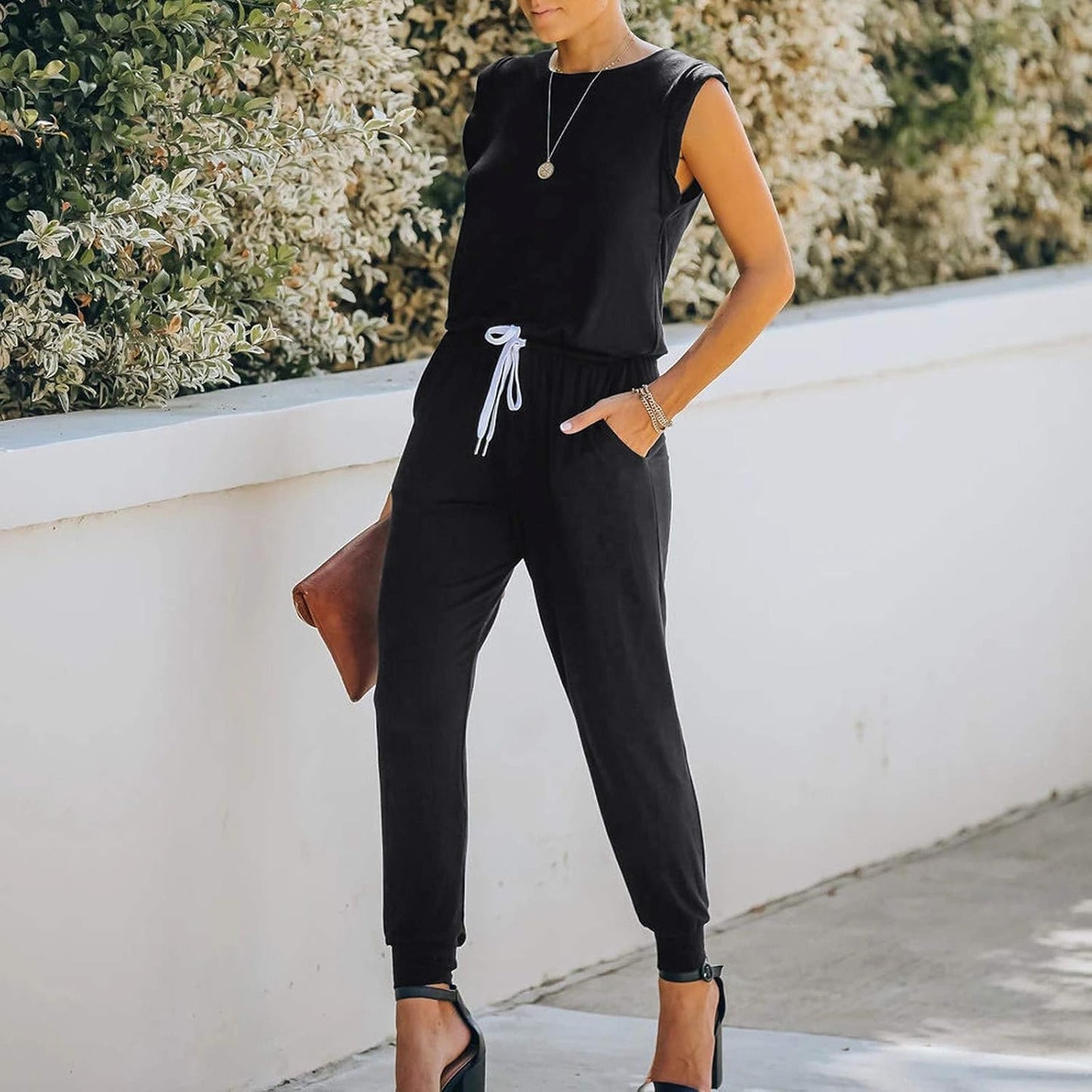 Women Sleeveless Romper Elastic Waist Stretchy Long Pants Jumpsuit Wide Leg Pants Romper Overalls