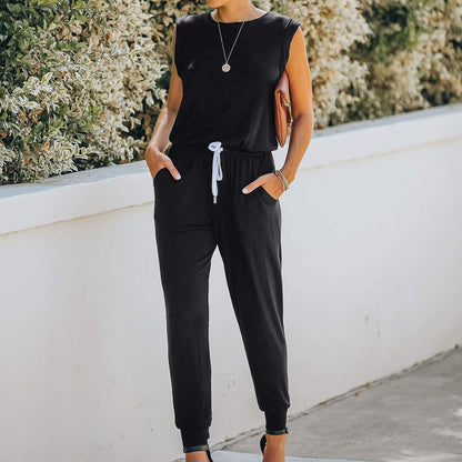 Women Sleeveless Romper Elastic Waist Stretchy Long Pants Jumpsuit Wide Leg Pants Romper Overalls