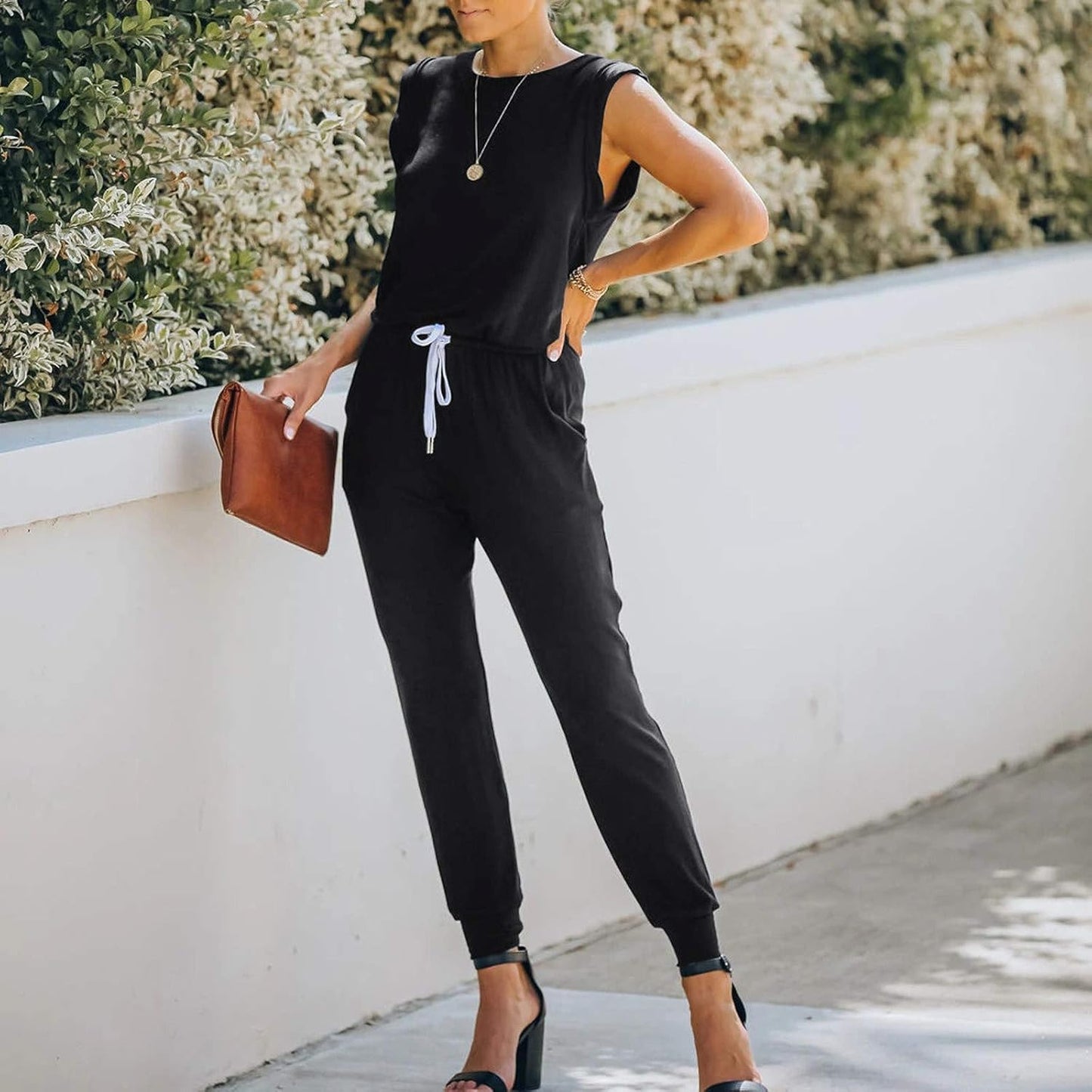 Women Sleeveless Romper Elastic Waist Stretchy Long Pants Jumpsuit Wide Leg Pants Romper Overalls